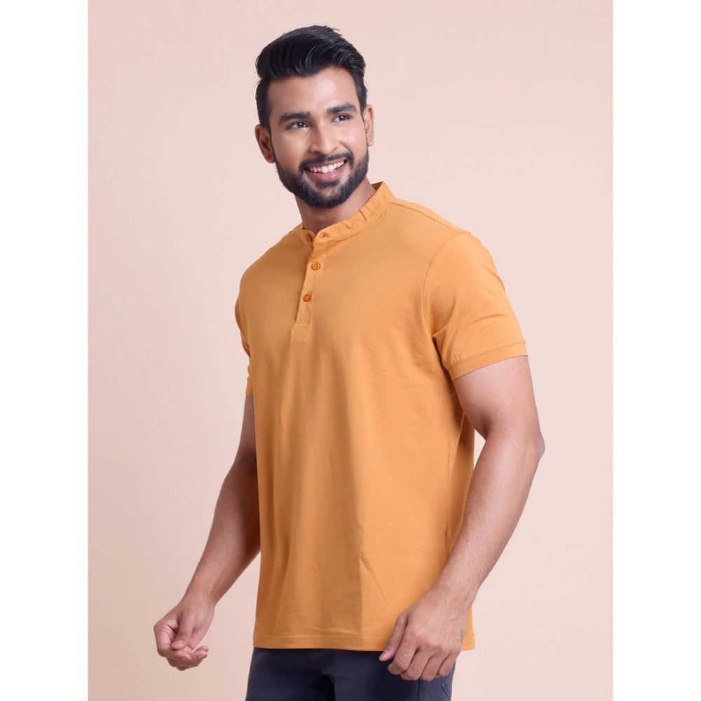 Amfyn Men's Casual Cotton Solid Half Sleeve Mandarin Collar T-Shirt (Brown)