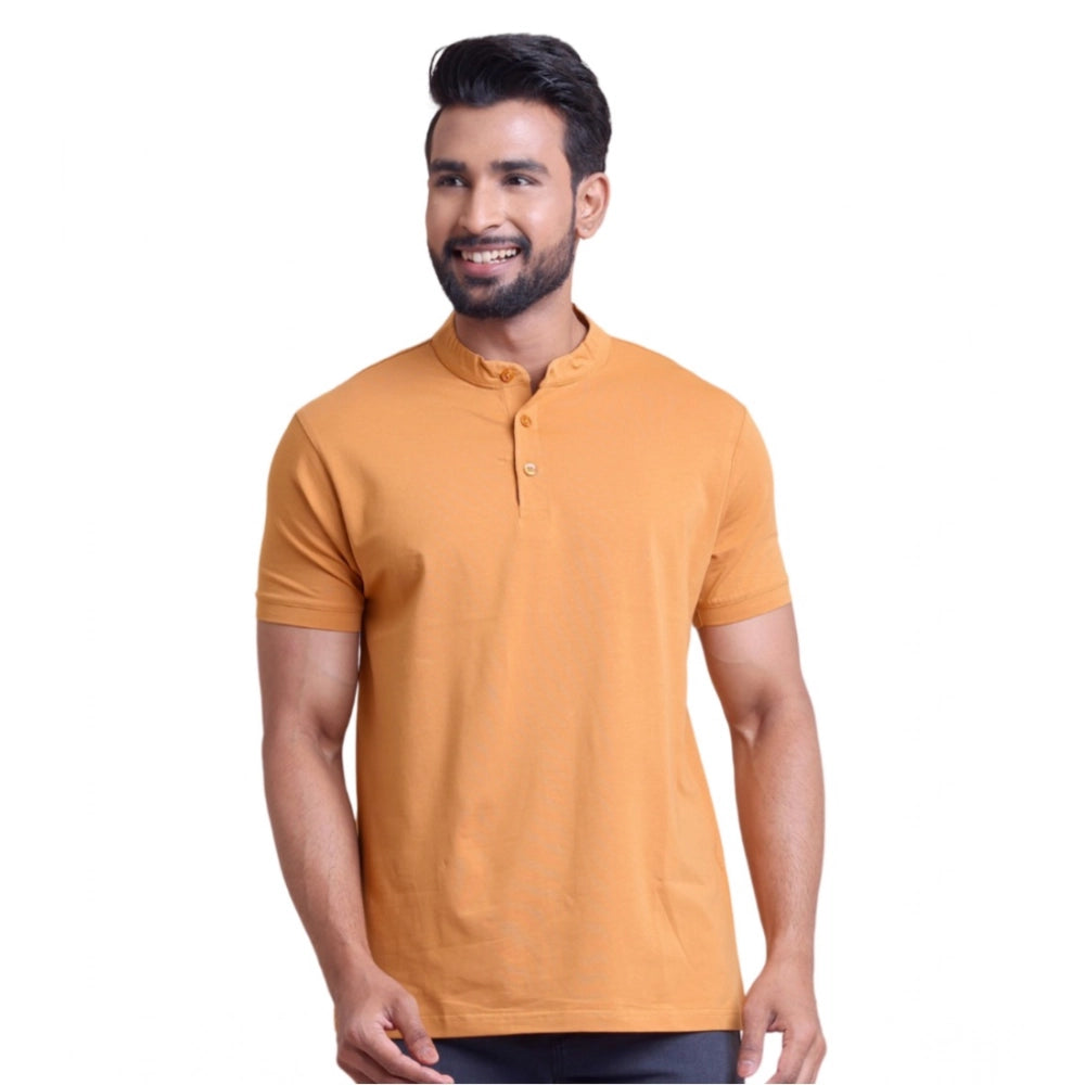 Amfyn Men's Casual Cotton Solid Half Sleeve Mandarin Collar T-Shirt (Brown)