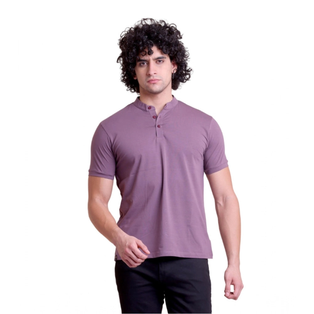 Amfyn Men's Casual Cotton Solid Half Sleeve Mandarin Collar T-Shirt (Berry)