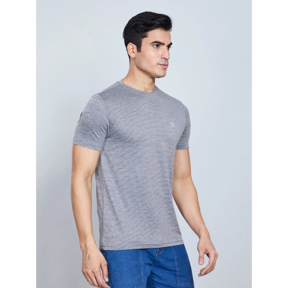 Men's gray crew-neck short-sleeve T-shirt, front view with small chest logo