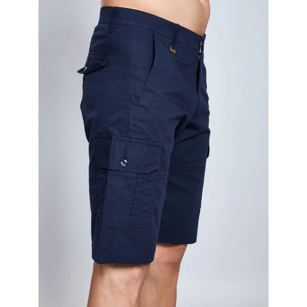 Amfyn Men's Casual Cotton Solid Knee Length Cargo Shorts (Navy)