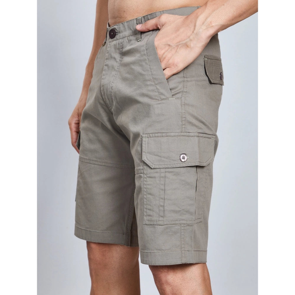 Men's dark gray cargo shorts close-up with belt loops and flap cargo pocket