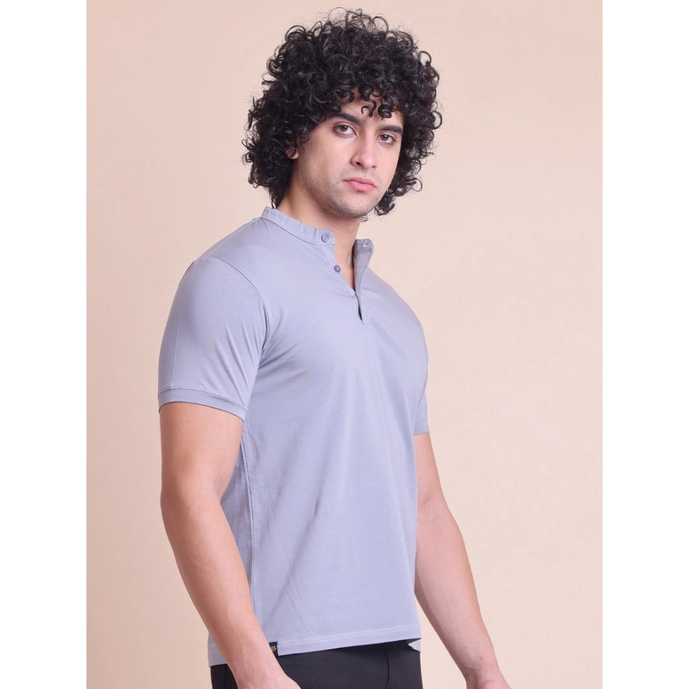 Amfyn Men's Casual Cotton Solid Half Sleeve Mandarin Collar T-Shirt (Teegrey)
