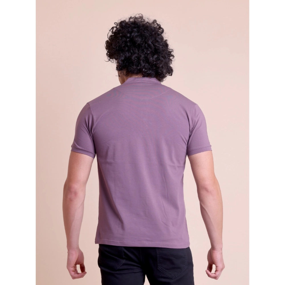 Amfyn Men's Casual Cotton Solid Half Sleeve Mandarin Collar T-Shirt (Berry)