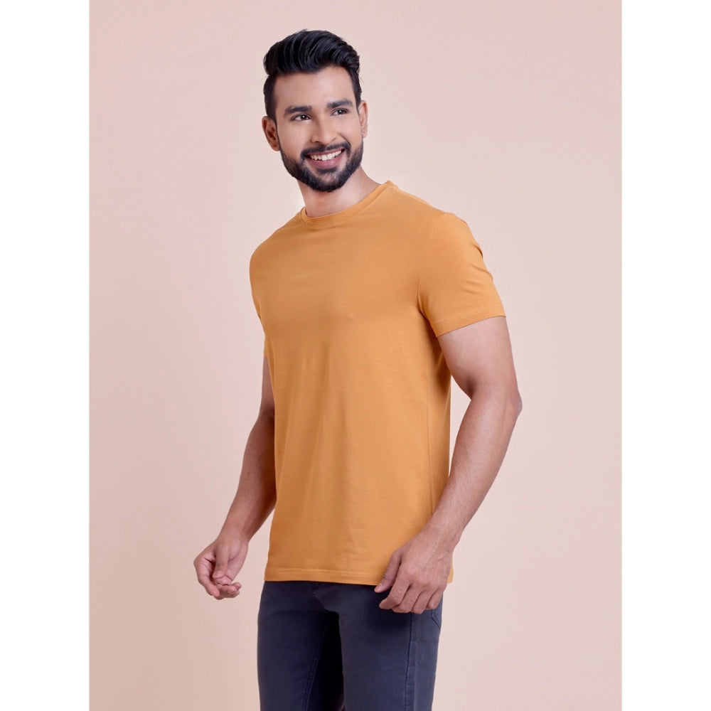 Amfyn Men's Casual Cotton Solid Half Sleeve Round Neck T-Shirt (Brown)