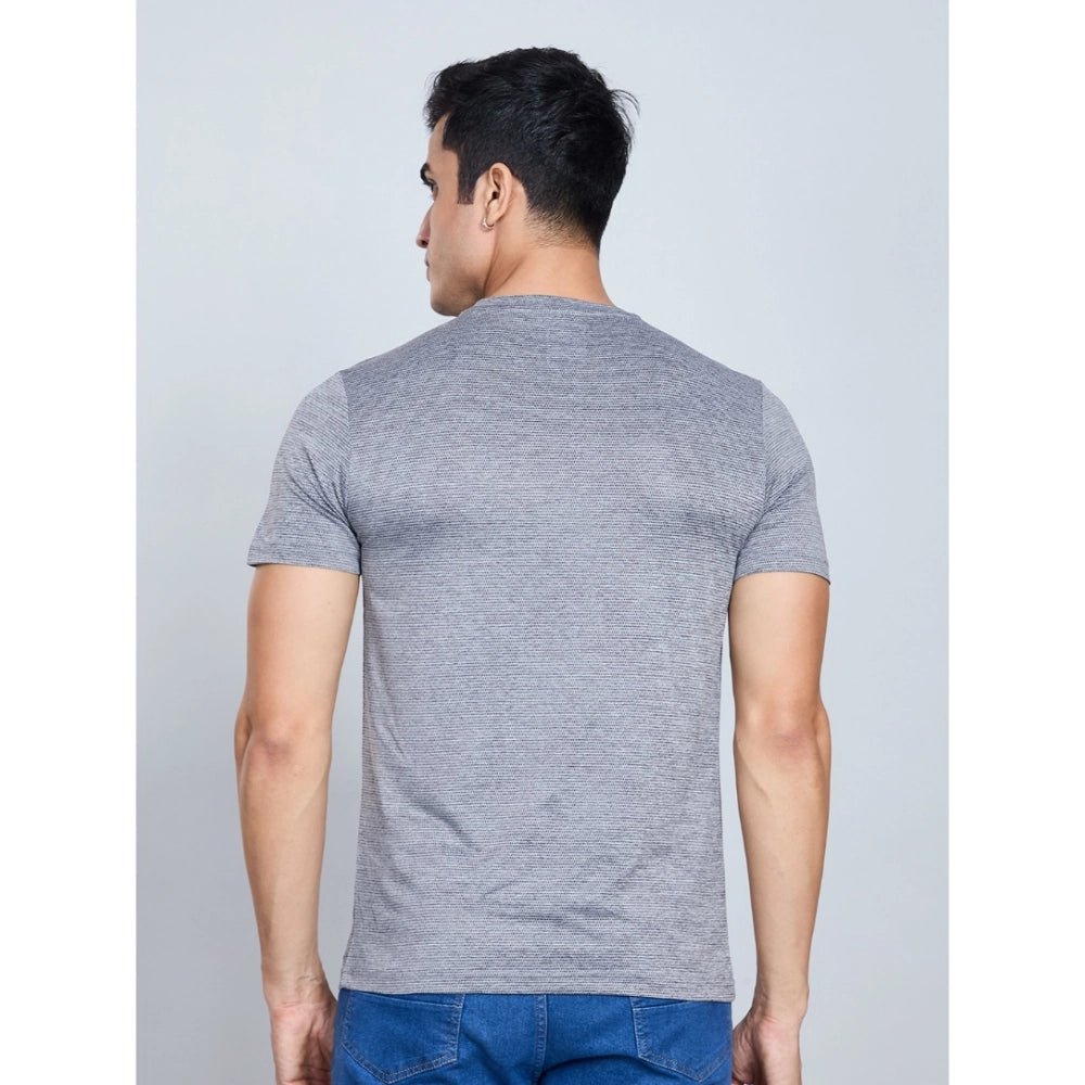 Men's gray crew-neck short-sleeve T-shirt, back view with stitched hem