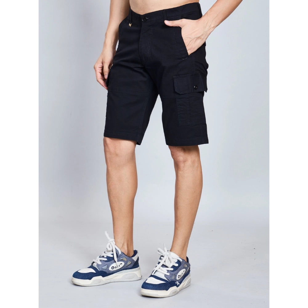 Amfyn Men's Casual Cotton Solid Knee Length Cargo Shorts (Black)
