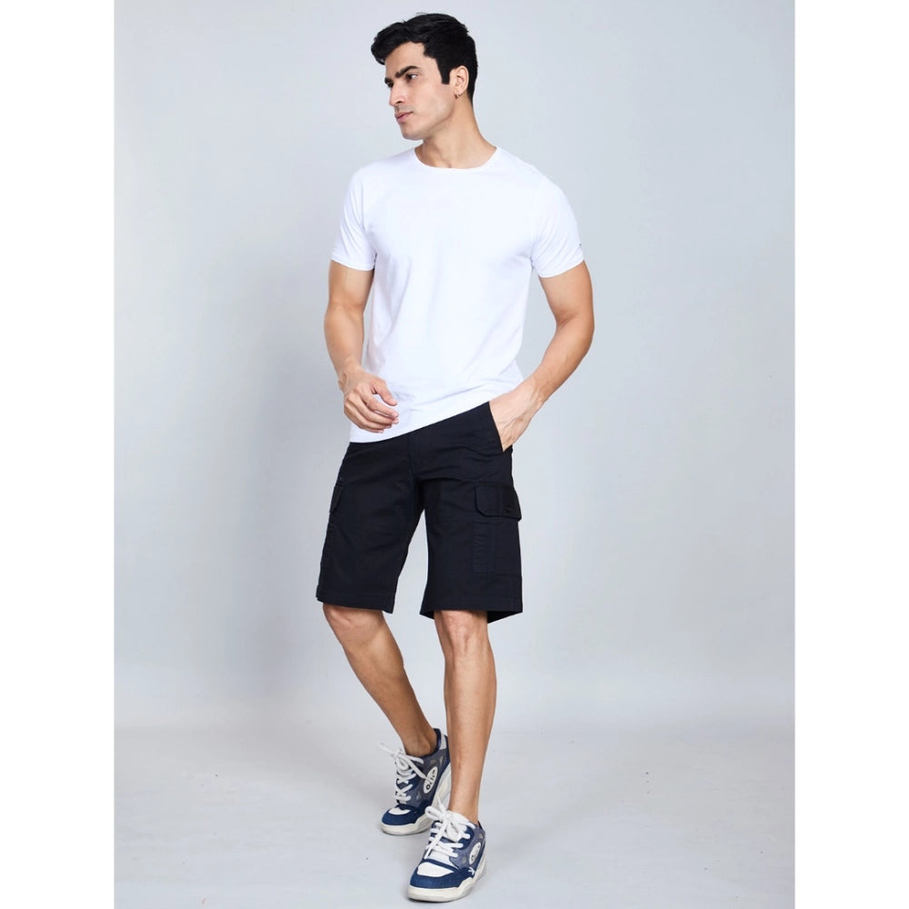Amfyn Men's Casual Cotton Solid Knee Length Cargo Shorts (Black)