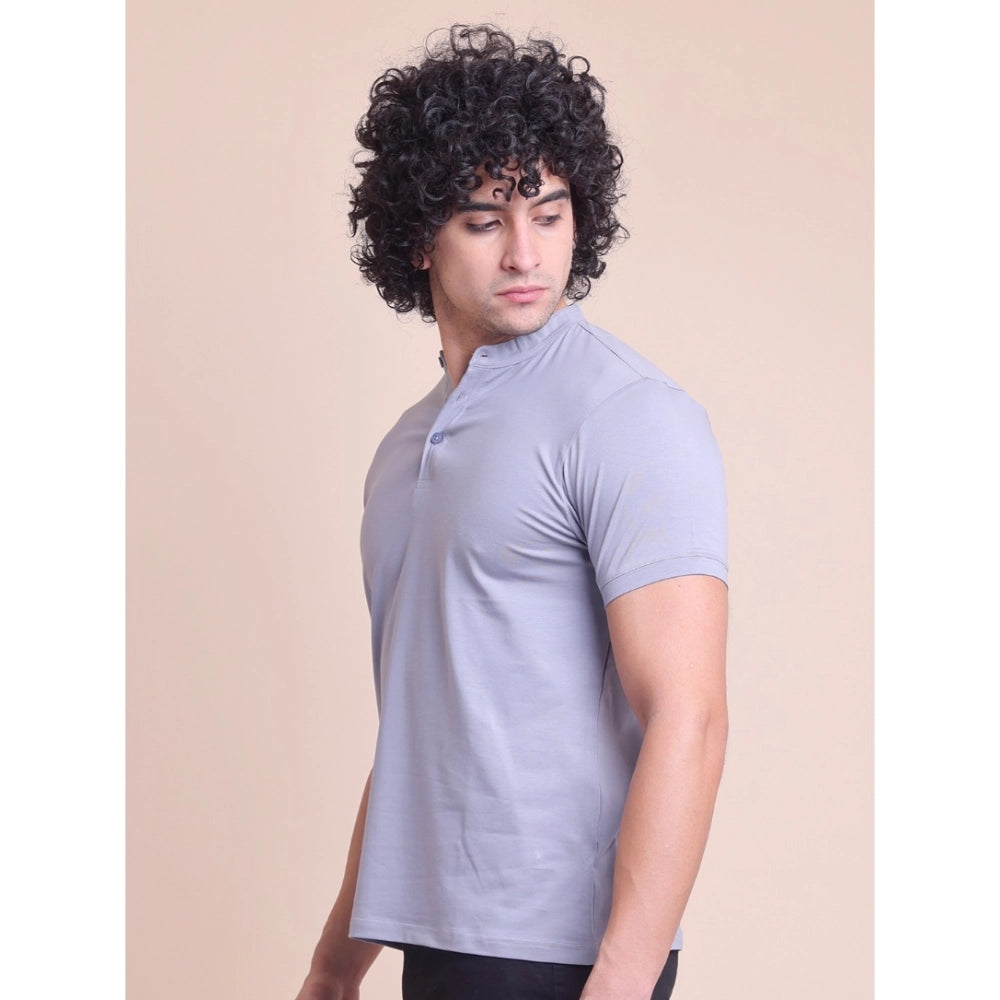 Amfyn Men's Casual Cotton Solid Half Sleeve Mandarin Collar T-Shirt (Teegrey)
