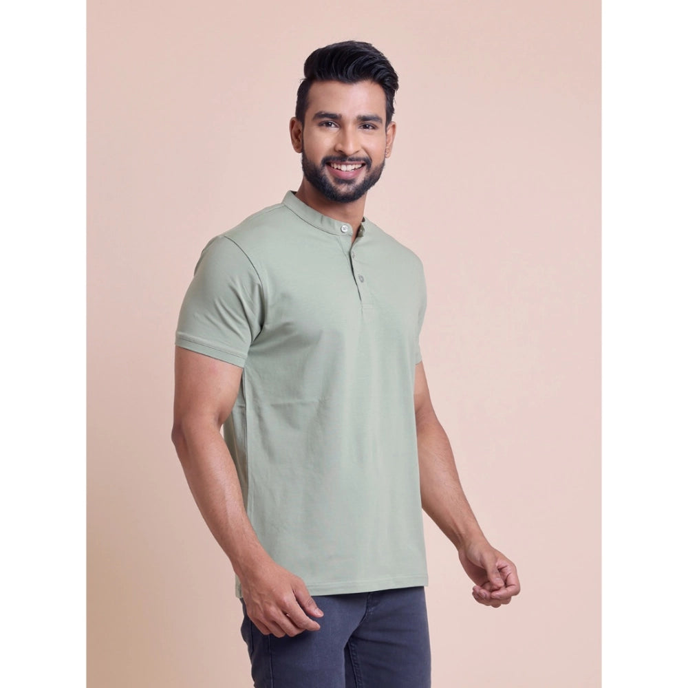 Amfyn Men's Casual Cotton Solid Half Sleeve Mandarin Collar T-Shirt (Newsage)