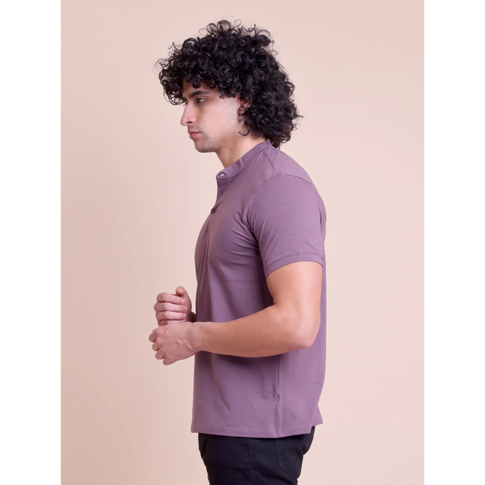 Amfyn Men's Casual Cotton Solid Half Sleeve Mandarin Collar T-Shirt (Berry)