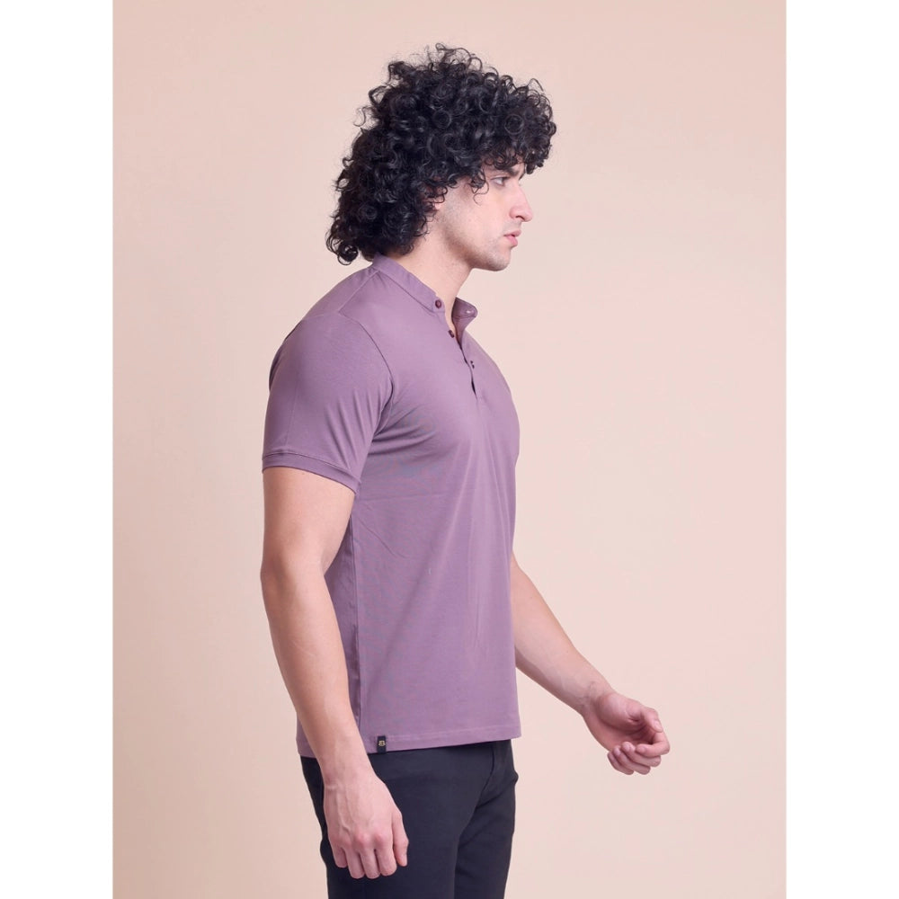 Amfyn Men's Casual Cotton Solid Half Sleeve Mandarin Collar T-Shirt (Berry)
