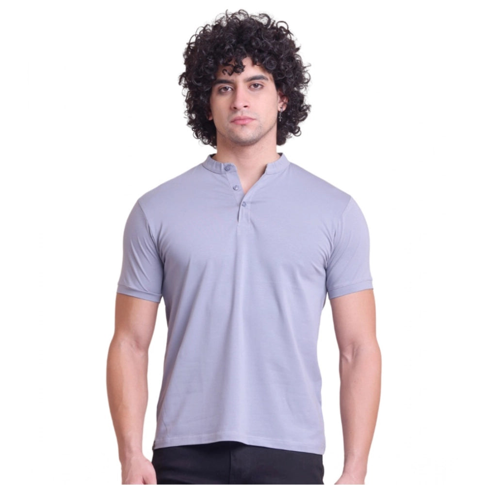 Amfyn Men's Casual Cotton Solid Half Sleeve Mandarin Collar T-Shirt (Teegrey)