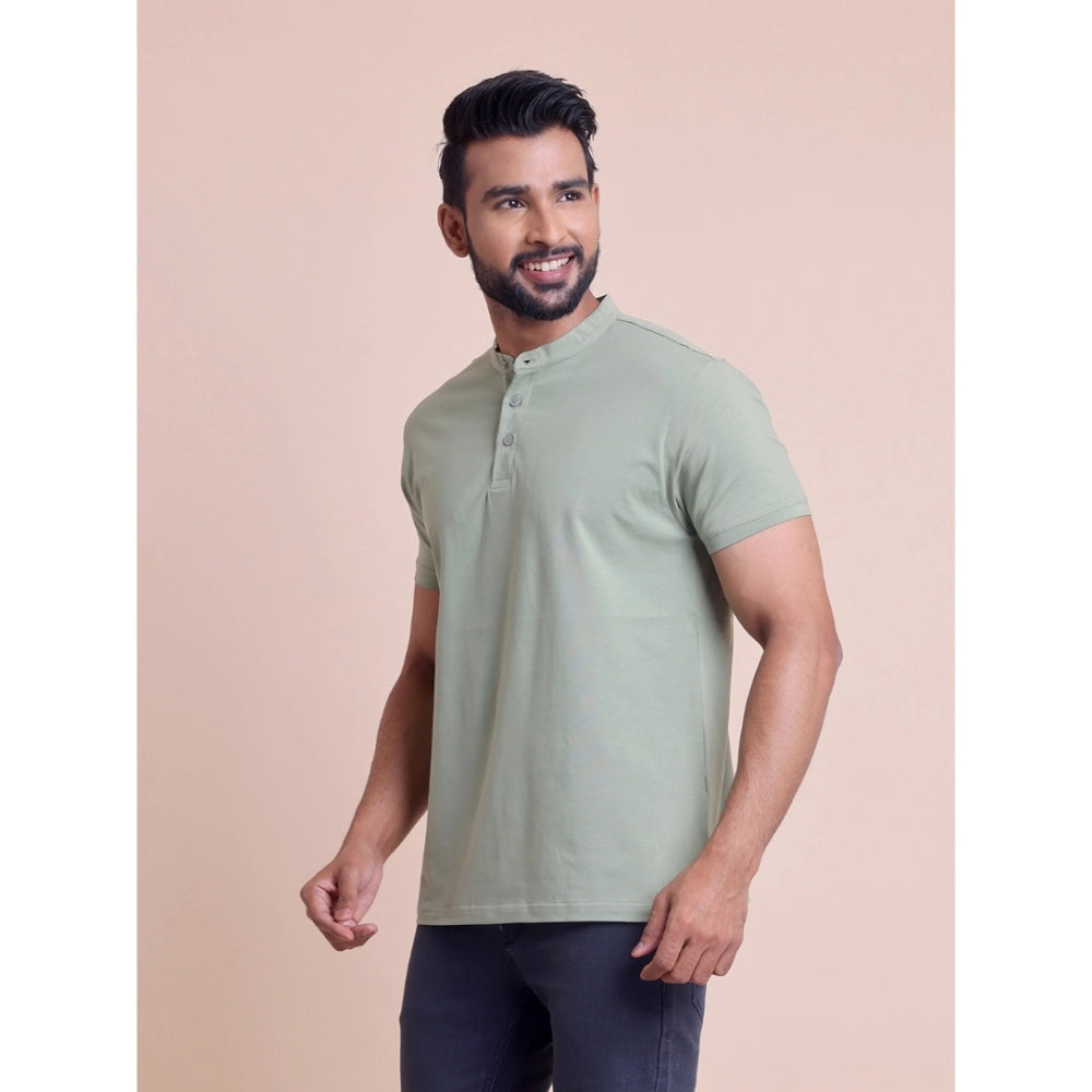 Amfyn Men's Casual Cotton Solid Half Sleeve Mandarin Collar T-Shirt (Newsage)