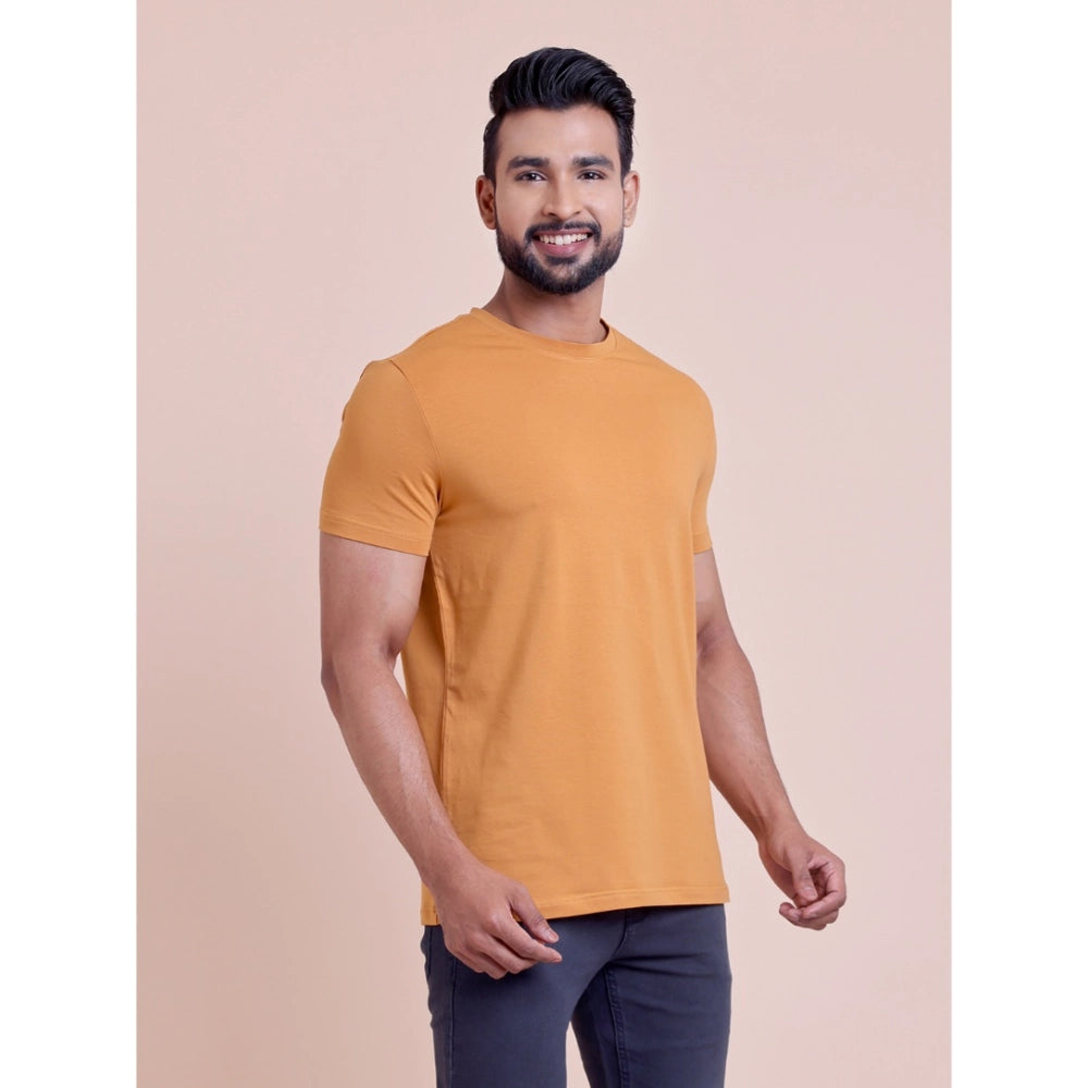 Amfyn Men's Casual Cotton Solid Half Sleeve Round Neck T-Shirt (Brown)