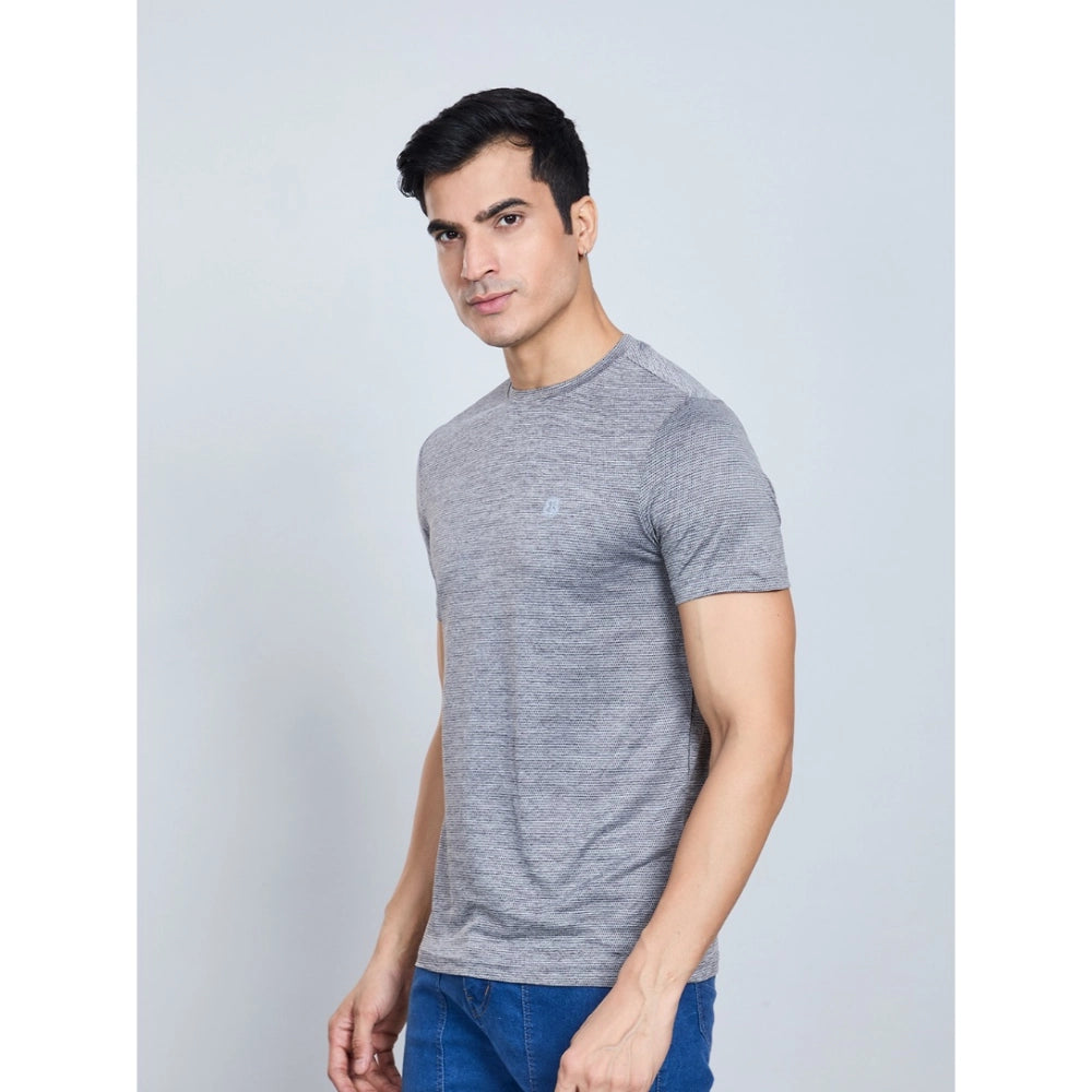 Men's gray short-sleeve crew-neck T-shirt, casual fitted style, side view