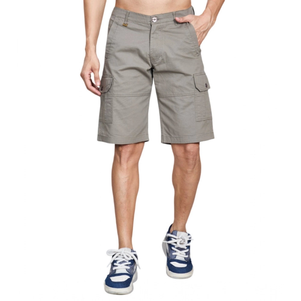 Men's dark gray knee-length cargo shorts with flap pockets and button closure