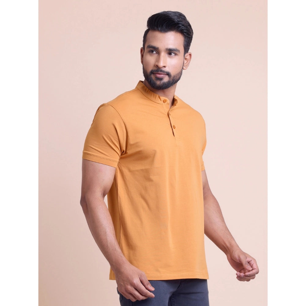 Amfyn Men's Casual Cotton Solid Half Sleeve Mandarin Collar T-Shirt (Brown)