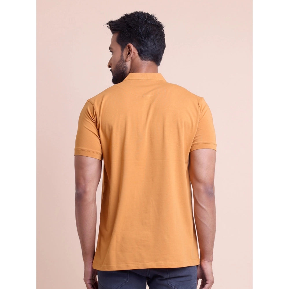 Amfyn Men's Casual Cotton Solid Half Sleeve Mandarin Collar T-Shirt (Brown)