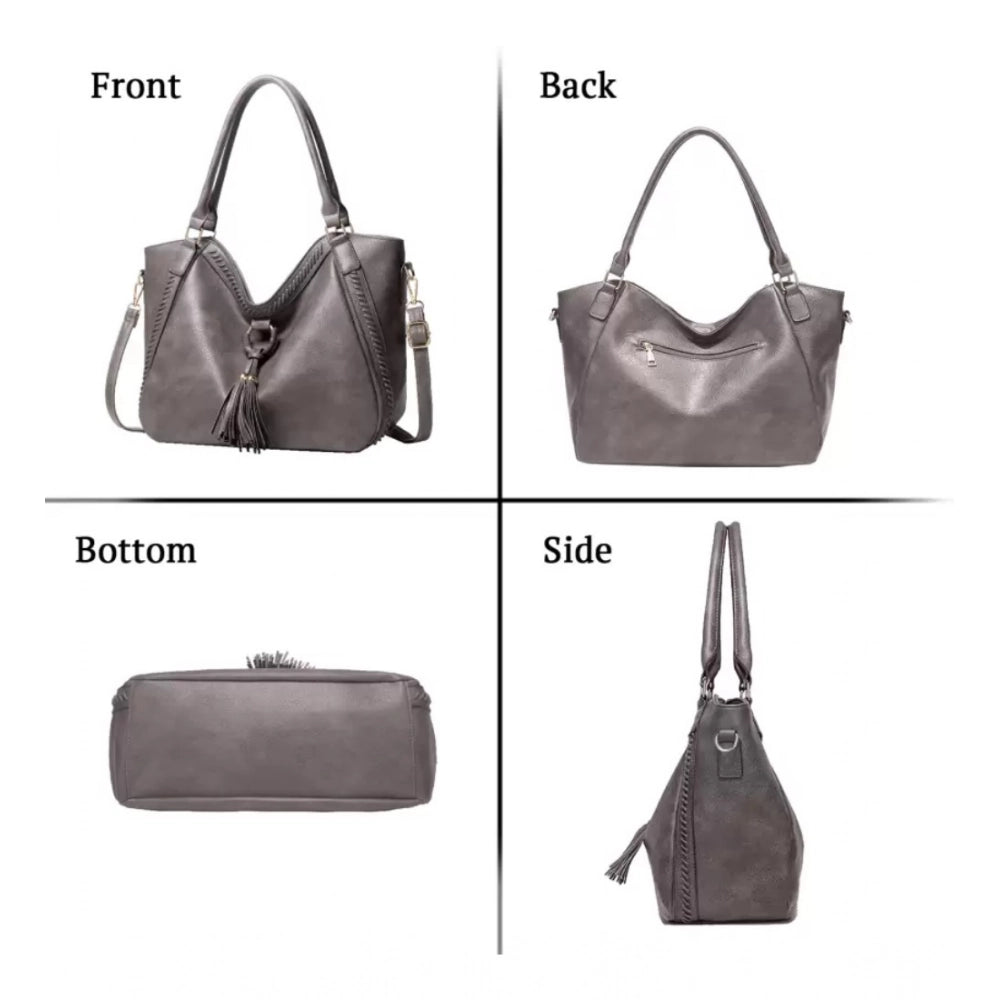 Amfyn Women's PU Leather Large Shoulder Zipper Handbag (Grey)