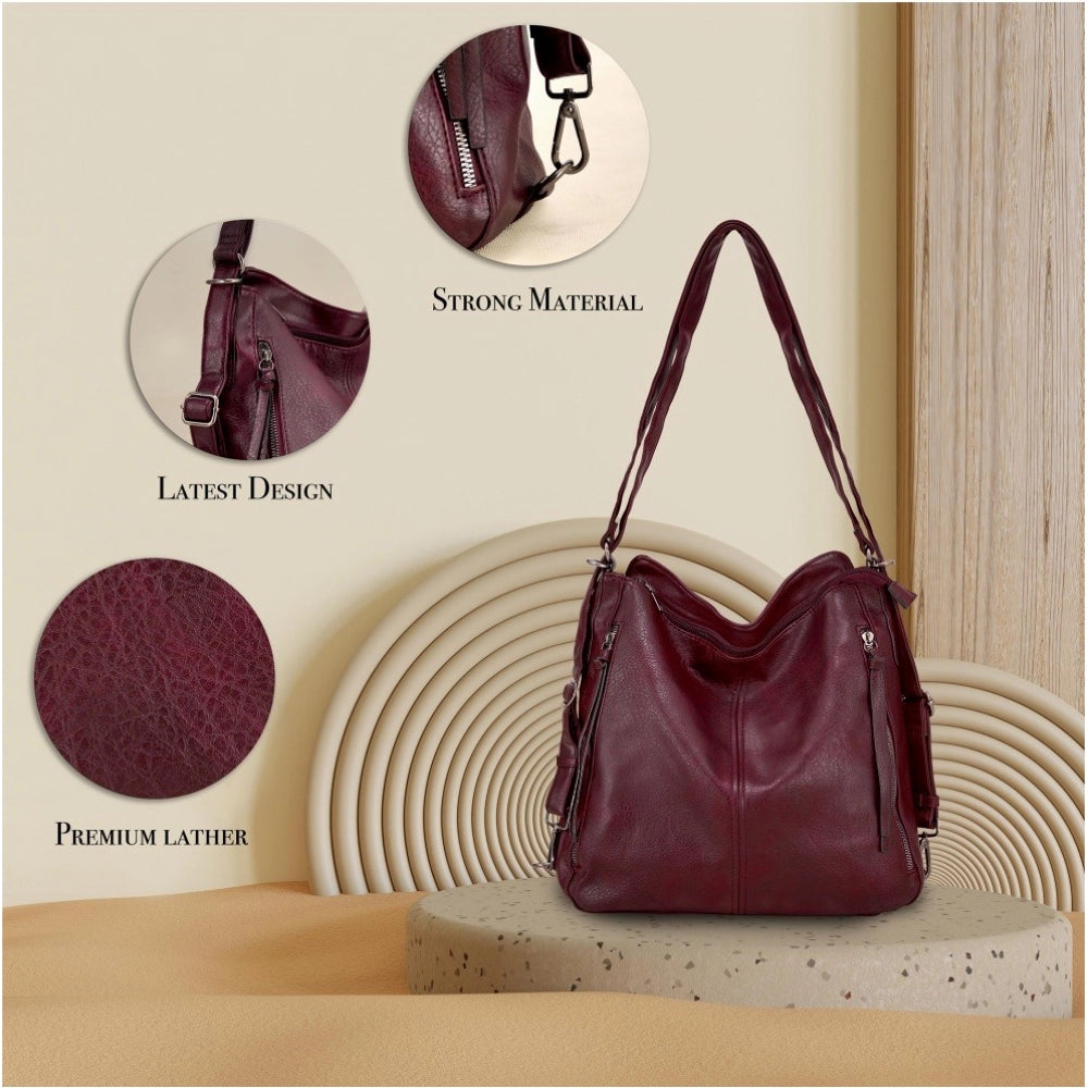 Amfyn Women's PU Leather Medium Shoulder Zipper Handbag (Wine red)