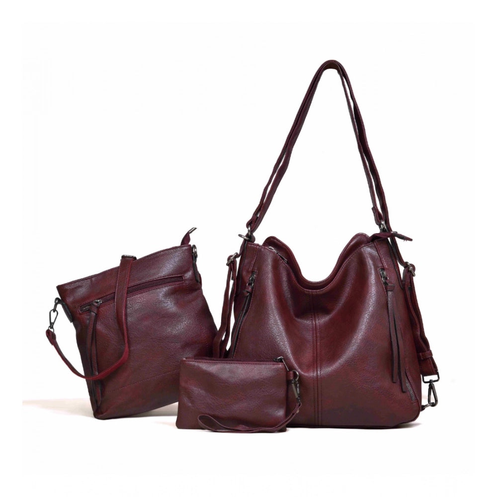 Amfyn Women's PU Leather Medium Shoulder Zipper Handbag (Wine red)