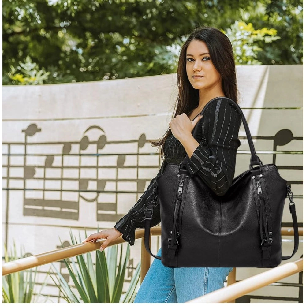 Amfyn Women's PU Leather Large Shoulder Zipper Handbag (Black)
