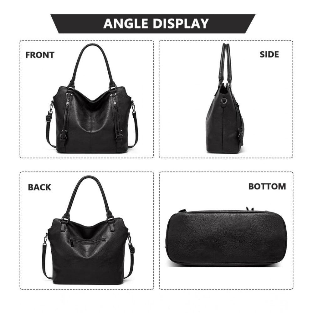 Amfyn Women's PU Leather Large Shoulder Zipper Handbag (Black)