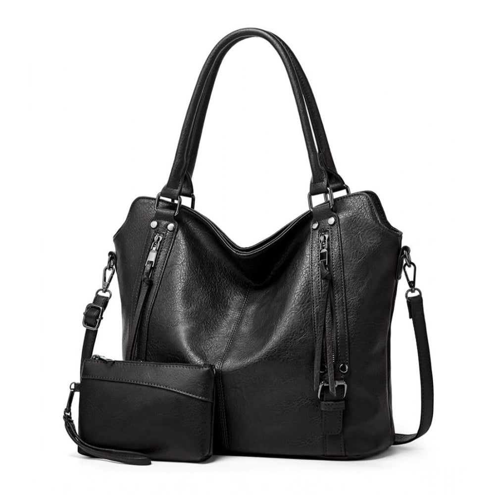 Amfyn Women's PU Leather Large Shoulder Zipper Handbag (Black)