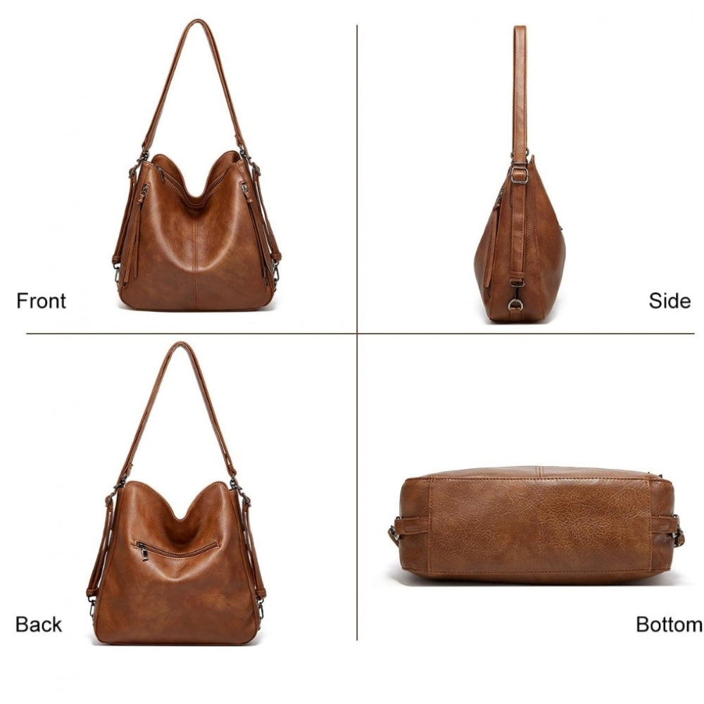 Amfyn Women's PU Leather Medium Shoulder Zipper Handbag (Brown)