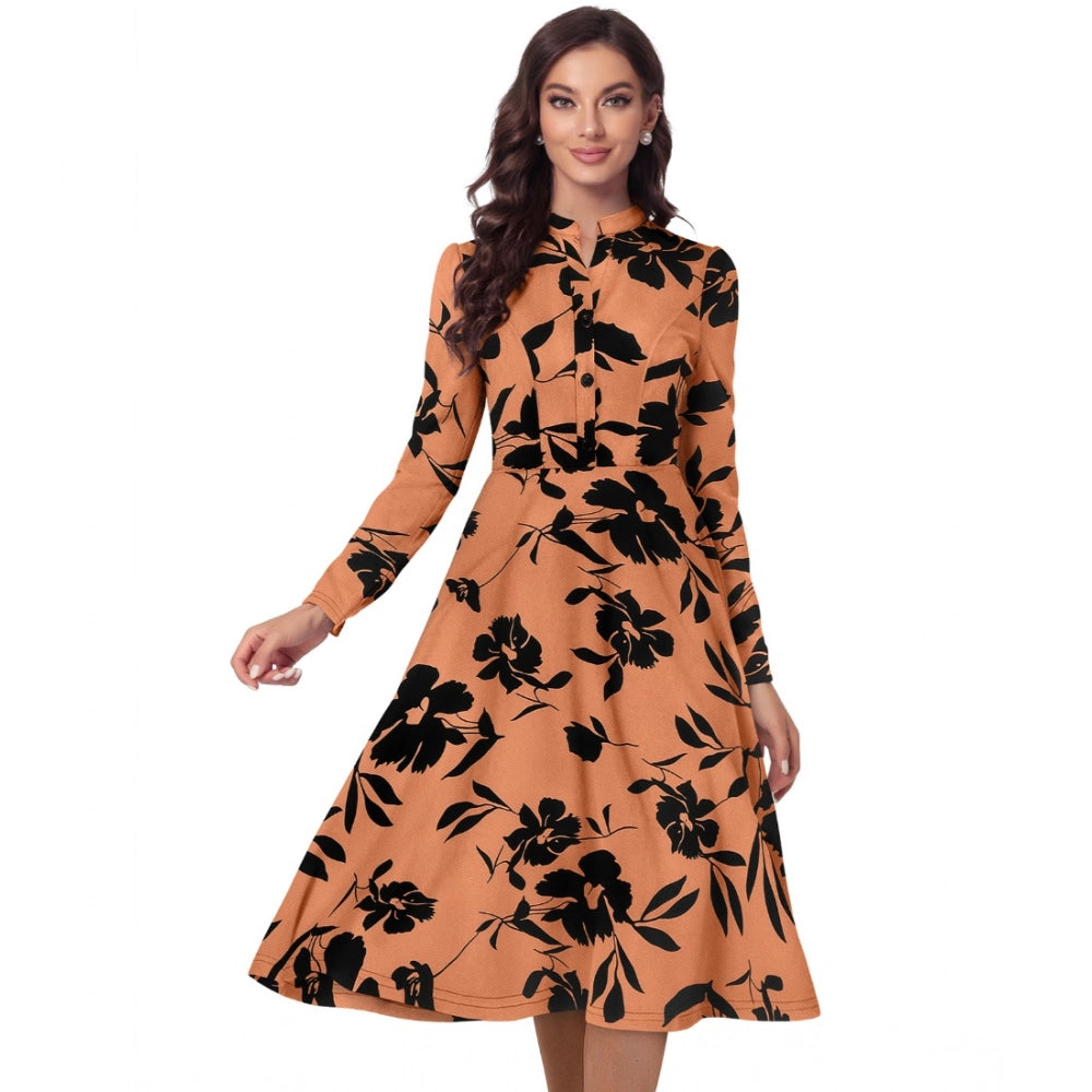 Amfyn Women's Knitting Printed V-Neck Full Sleeve Dresses (Orange)