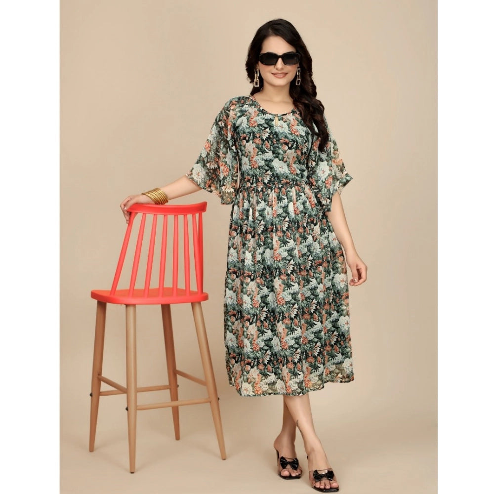 Amfyn Women's Georgette Printed Round Neck Short Sleeve Dresses (Black)