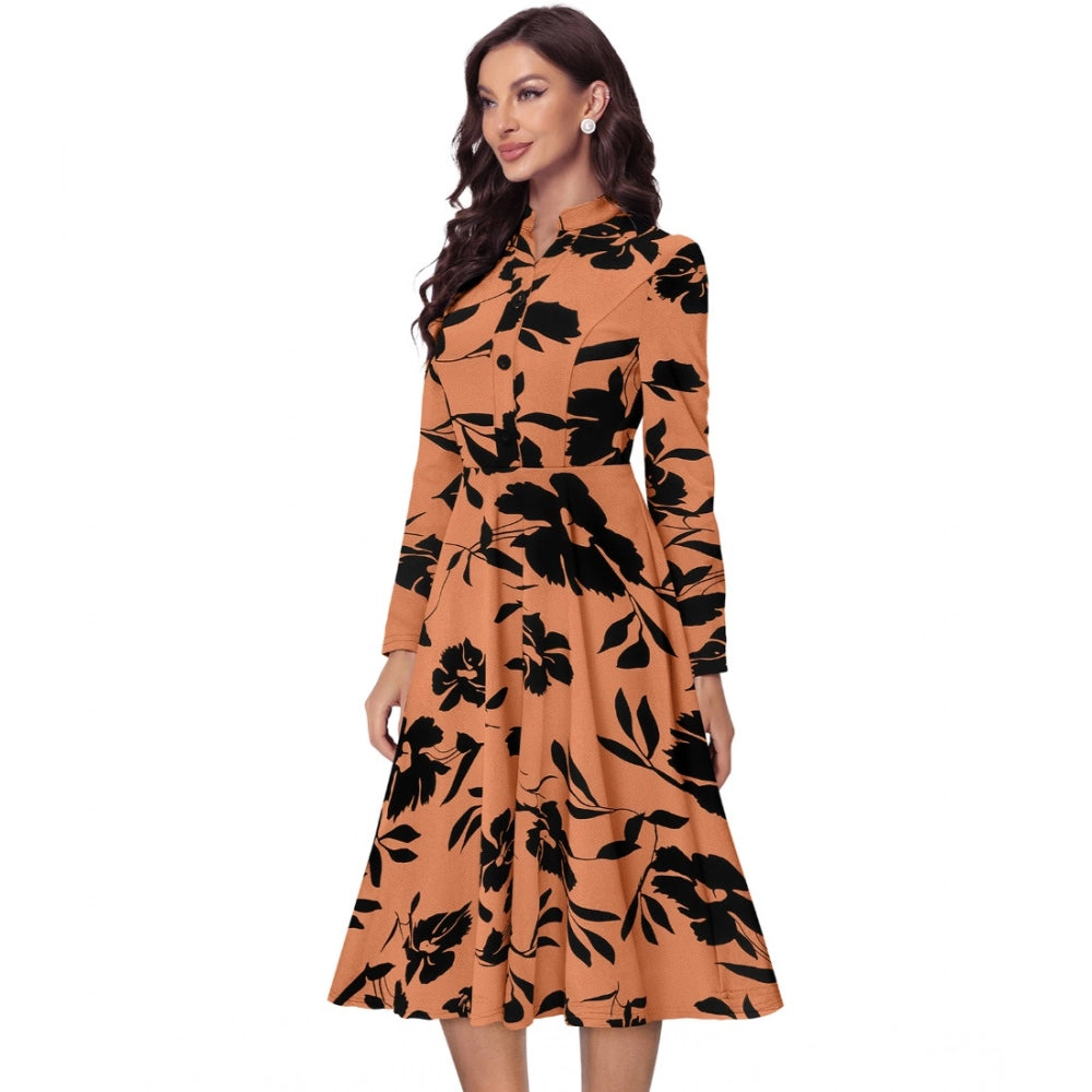 Amfyn Women's Knitting Printed V-Neck Full Sleeve Dresses (Orange)