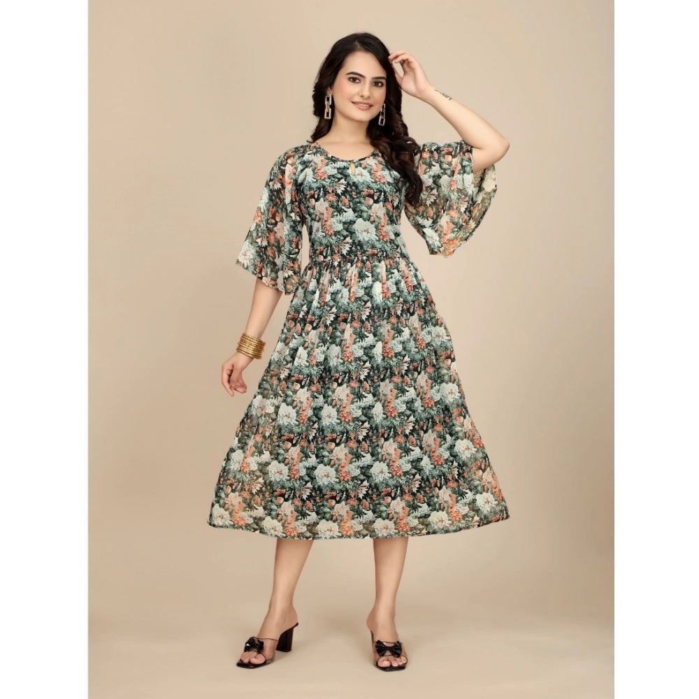 Amfyn Women's Georgette Printed Round Neck Short Sleeve Dresses (Black)