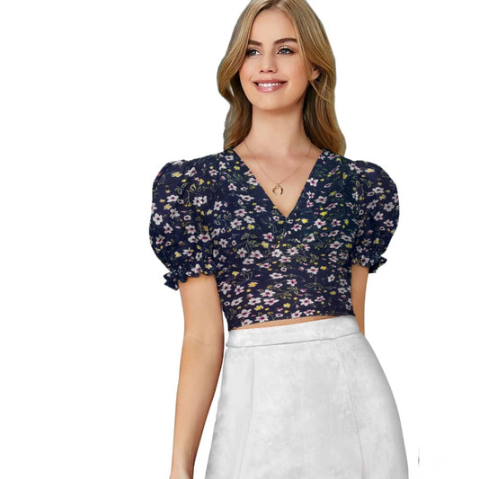 Amfyn Women's Knitting Printed V-Neck Puff Sleeve Tops (Nevy Blue)