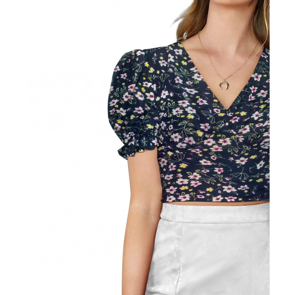 Amfyn Women's Knitting Printed V-Neck Puff Sleeve Tops (Nevy Blue)