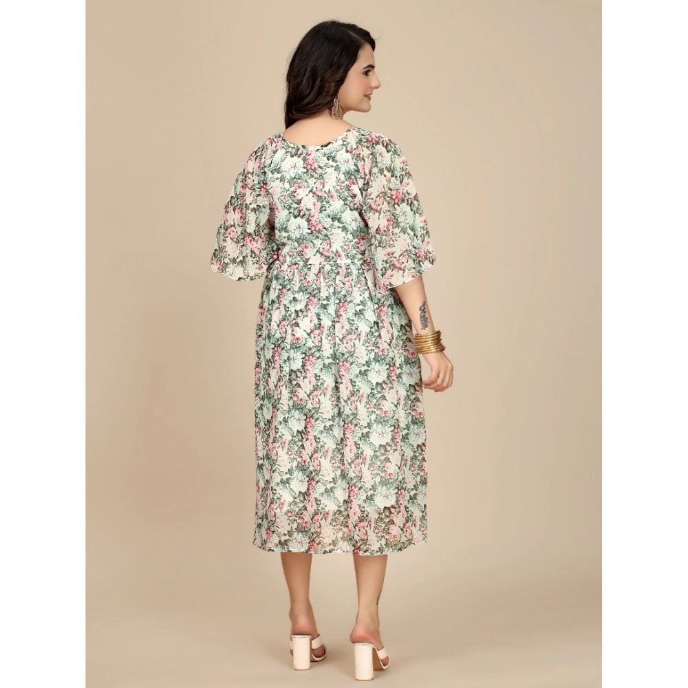 Amfyn Women's Georgette Printed Round Neck Short Sleeve Dresses (Pink)