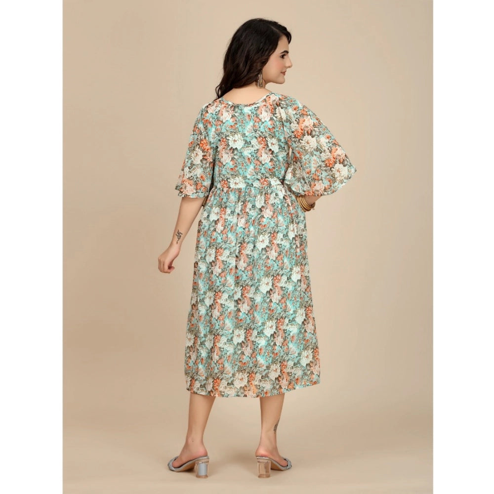 Amfyn Women's Georgette Printed Round Neck Short Sleeve Dresses (Multicolor)