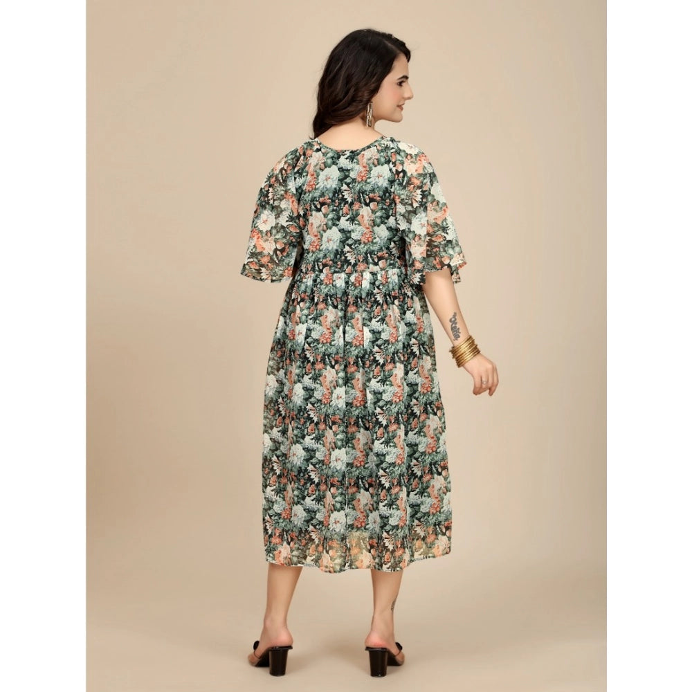 Amfyn Women's Georgette Printed Round Neck Short Sleeve Dresses (Black)