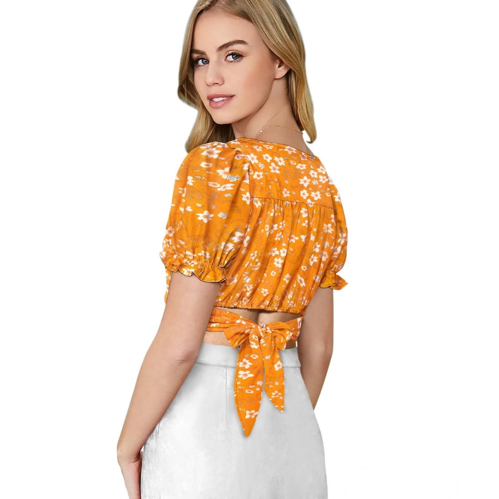 Amfyn Women's Knitting Printed V-Neck Puff Sleeve Tops (Yellow)