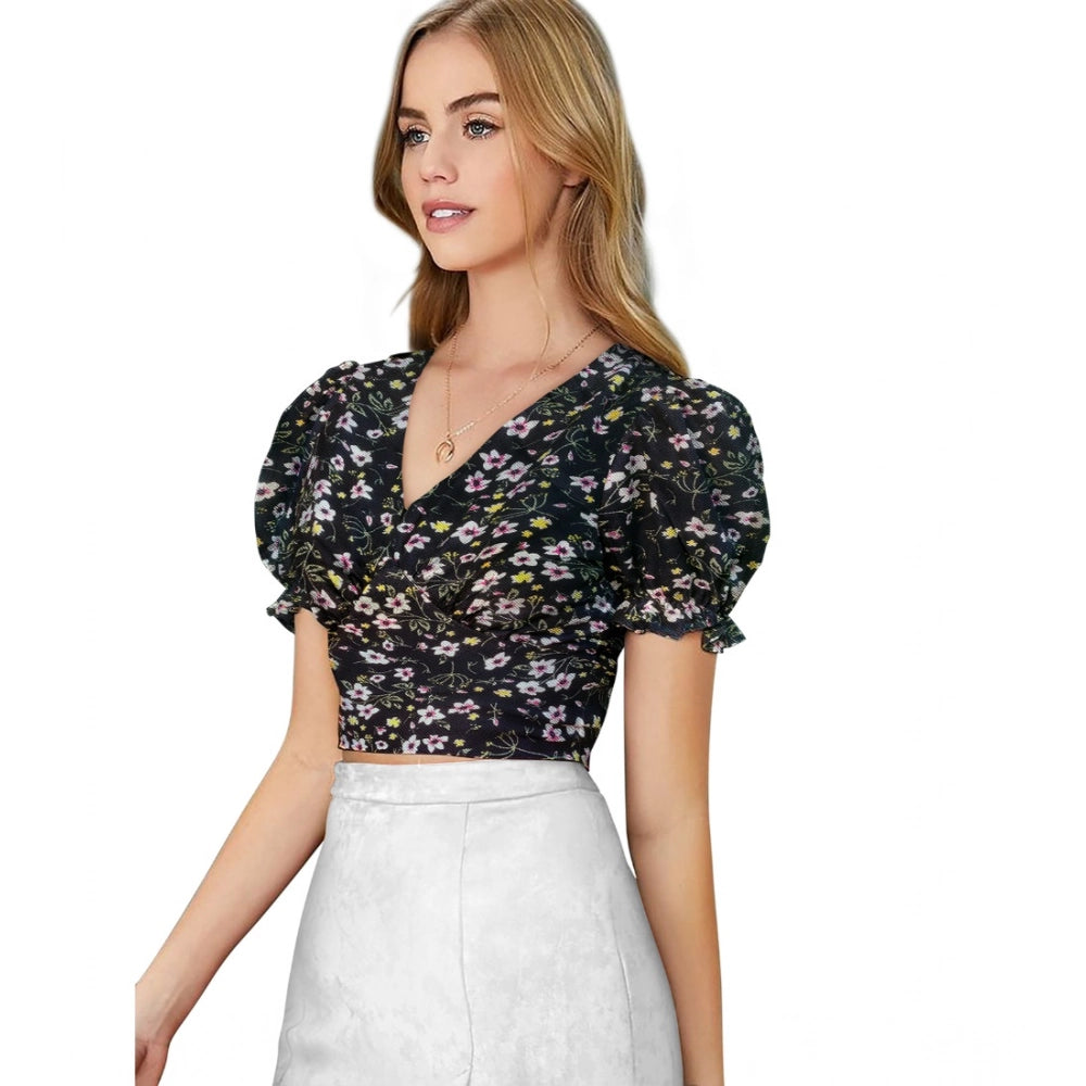 Amfyn Women's Knitting Printed V-Neck Puff Sleeve Tops (Black)