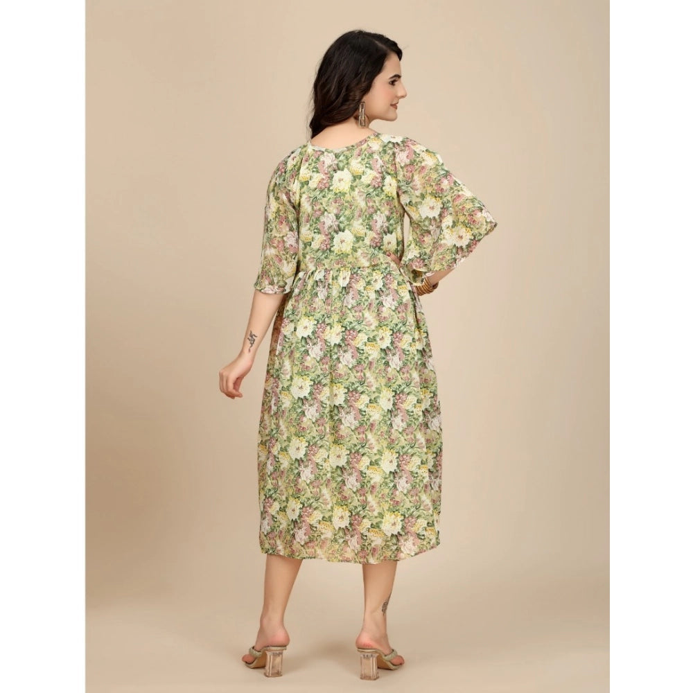 Amfyn Women's Georgette Printed Round Neck Short Sleeve Dresses (Green)