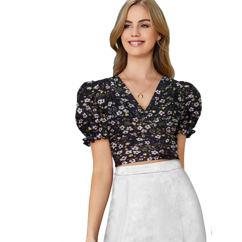 Amfyn Women's Knitting Printed V-Neck Puff Sleeve Tops (Black)