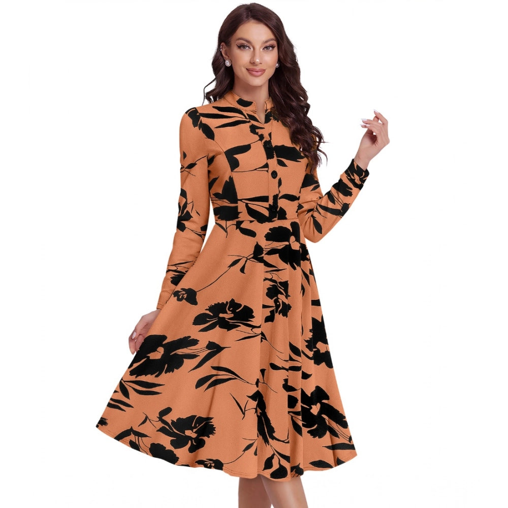 Amfyn Women's Knitting Printed V-Neck Full Sleeve Dresses (Orange)