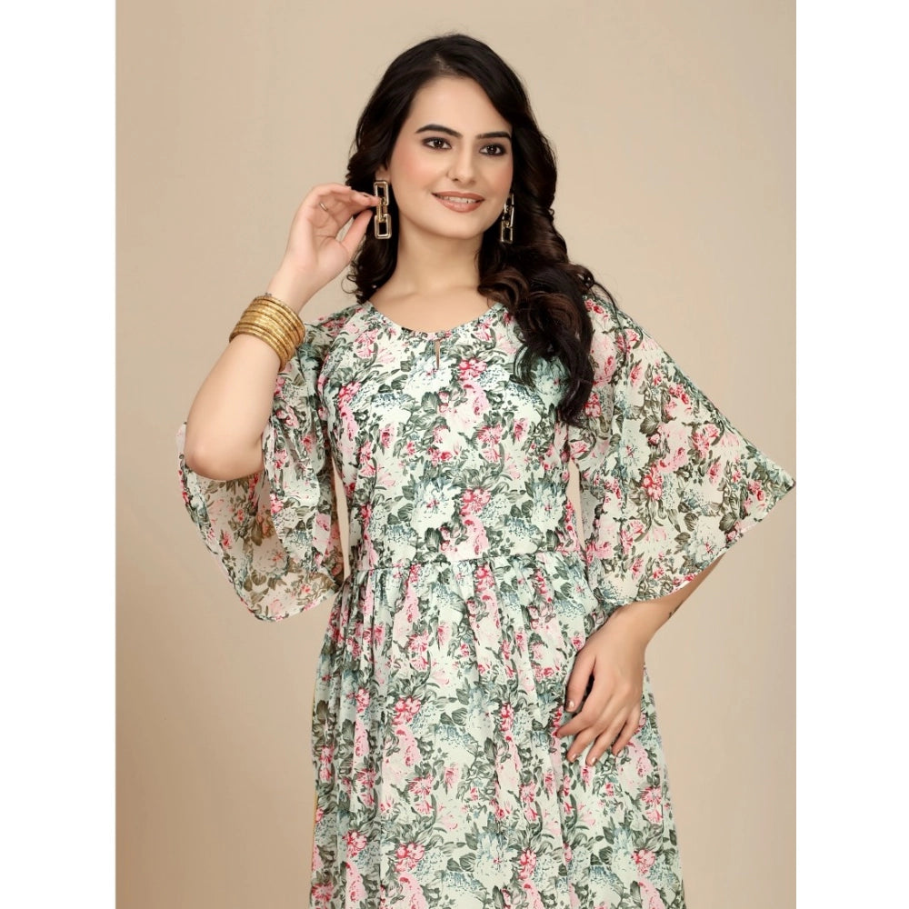 Amfyn Women's Georgette Printed Round Neck Short Sleeve Dresses (Pink)