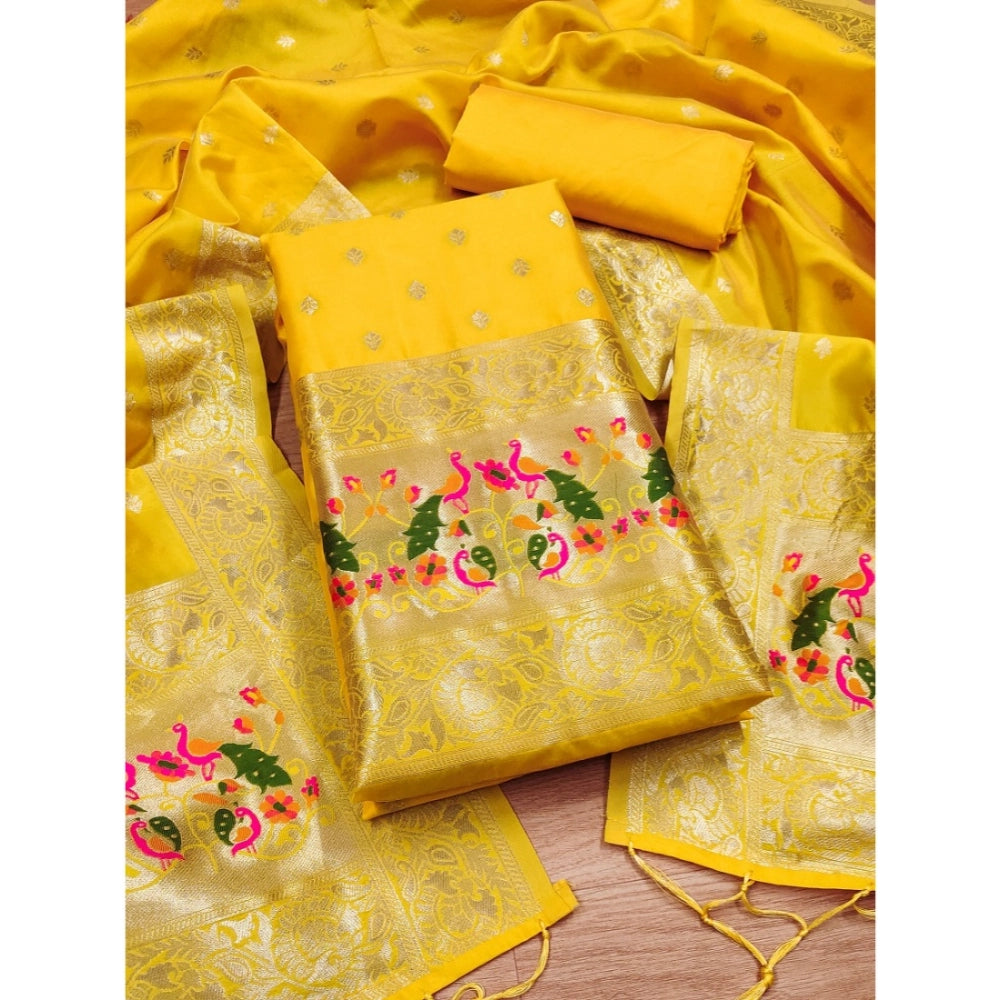 Amfyn Women's Banarasi Silk Printed Unstitched Salwar Suit Material With Dupatta (Yellow, 3Mtrs)