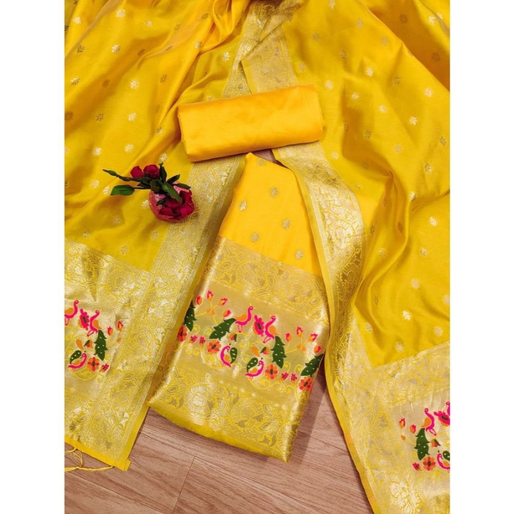 Amfyn Women's Banarasi Silk Printed Unstitched Salwar Suit Material With Dupatta (Yellow, 3Mtrs)