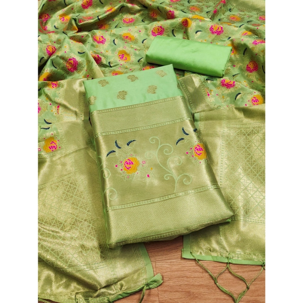 Amfyn Women's Banarasi Silk Printed Unstitched Salwar Suit Material With Dupatta (Pista, 3Mtrs)