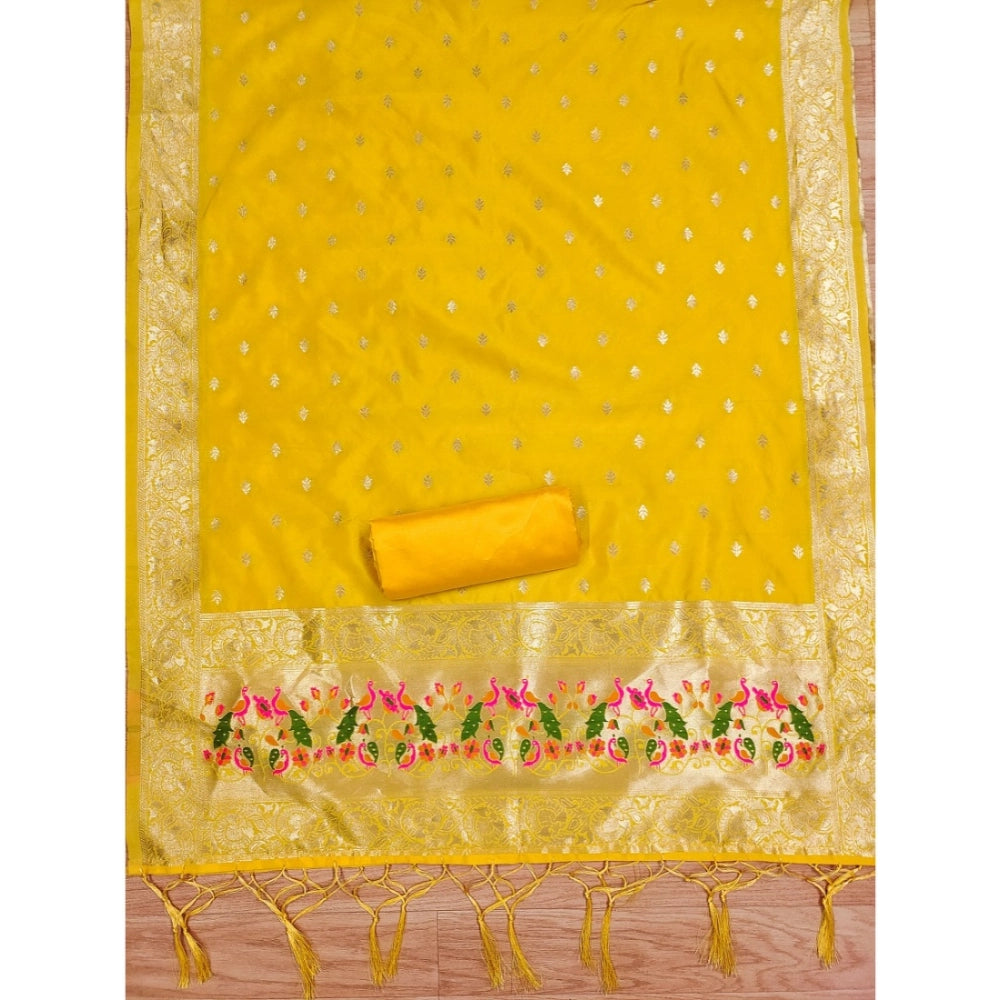 Amfyn Women's Banarasi Silk Printed Unstitched Salwar Suit Material With Dupatta (Yellow, 3Mtrs)