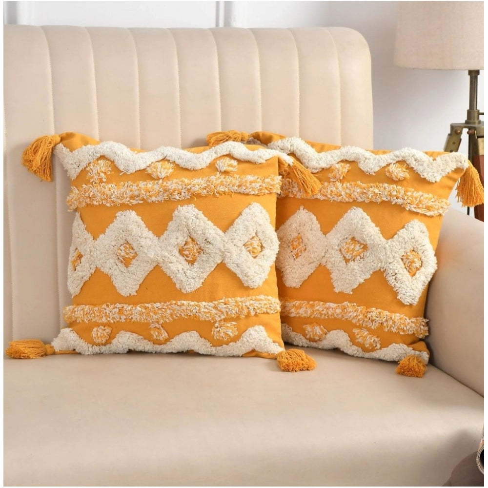 Amfyn Cotton Tufted Cushion Pillow Cover 16x16 Inch Pack of 2 (Yellow White)